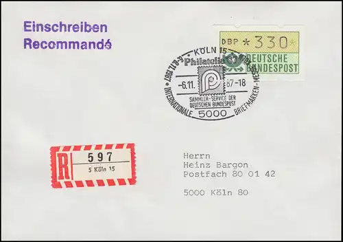 1.1I ATM 330 Pf avec PLF I Bumerang sur lettre R SSt KÖLN Philatelia 6.11.87