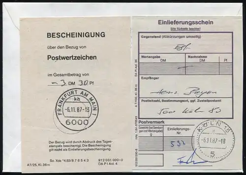 1.1I ATM 330 Pf avec PLF I Bumerang sur lettre R SSt KÖLN Philatelia 6.11.87