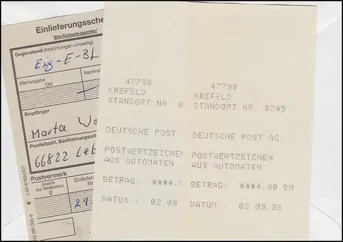 Neue Klüssendorf-Quittungen: R-Eigenhändig-FDC mit 400 MeF ET-O KREFELD 2.9.96