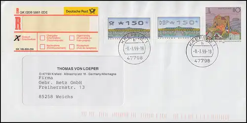 2.2.1 ATM DBP und 2.2.3 ATM Posthorn auf USo 2Y als R-FDC KREFELD 8.3.1999