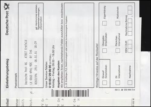 Neuer Strichcode-Aufkleber für Eil-International: Eil-Wert-Brief KREFELD 8.3.01