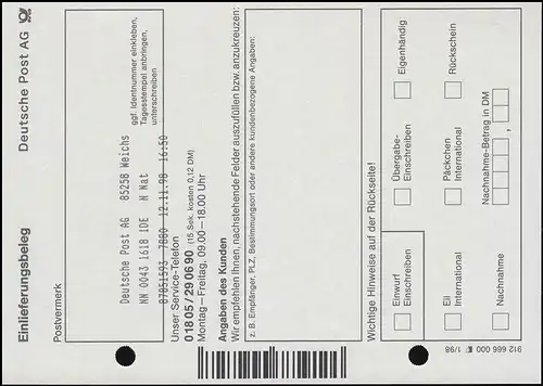 NN-Nachnahme-Karte: eingedruckter Premium-Aufkleber ATM 450 WEICHS 12.11.1998