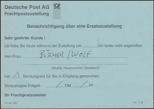Deutsche Post Frachtpostzustellung: Benachrichtigung über eine Ersatzzustellung