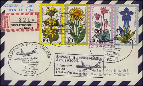 Lufthansa Premier vol R-Carte postale Airbus A300 LH 034 Francfort/ Londres 1.4.1976