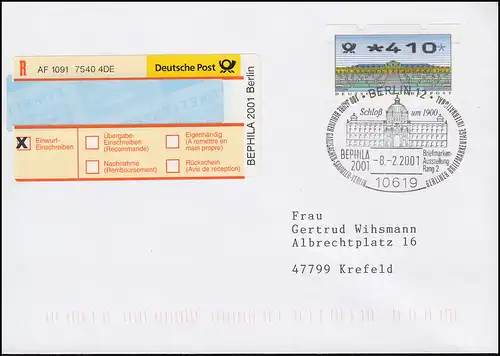 Sonder-R-Zettel BEPHILA 2001 - R-Brief ATM EF 410 passender SSt BERLIN 8.2.2001