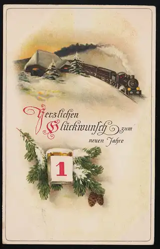 AK M.S.i.B. 1560 Eisenbahn Zug Schnee, Kalenderblatt Neujahr, Dresden 1.1.19