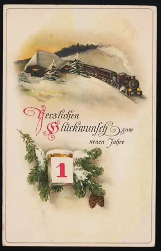 AK M.S.i.B. 1560 Train ferroviaire Neige, feuille calendrier Nouvel An, Dresde 1.1.1.