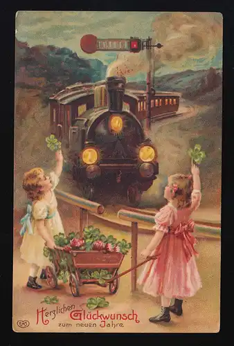 AK Dampfeisenbahn fährt ein, Mädchen winken mit Kleeblättern Neusüdende 31.12.12