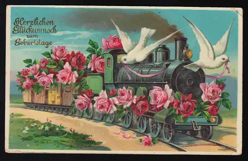 AK M.S.i.B. Geburtstag, Eisenbahn Tauben Bänder Rosen, Meissen 3.12.10