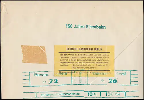 Markentasche für 20 Bögen 822 Eisenbahn 1988, zweiseitig offen/beschnitten