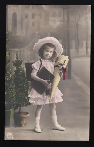Foto AK R & K L. 5297/6 Mädchen rosa Kleid Hut Schultüte koloriert, beschriftet