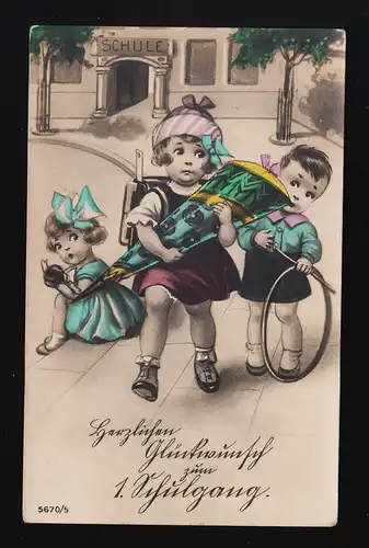 AK 5670/5 Kinder Schule, Mädchen mit Tüte eilt nach Haus, beschriftet ca. 1920
