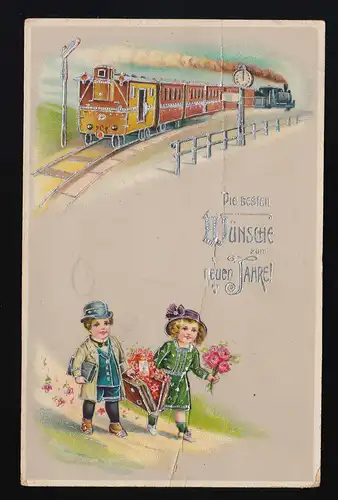 AK HWB Serie 2906 Dampfeisenbahn, Kinder Präsente Neues Jahr, gelaufen 1913