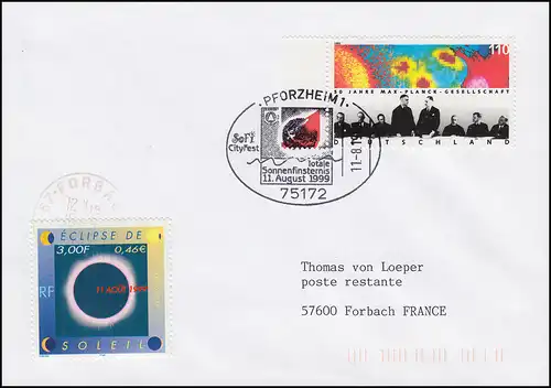 Totale Sonnenfinsternis am 11.8.1999: Brief mit passendem SSt PFORZHEIM 11.8.99
