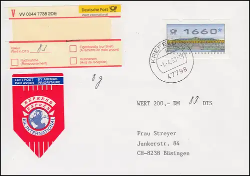 Lettre de valeur à l'étranger avec autocollant code-barres ATM 1660 Pf. FDC ET-O KREFELD 1.4.99