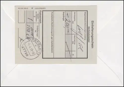 Wertbrief Ausland mit Strichcode-Aufkleber ATM 1660 Pf. FDC ET-O KREFELD 1.4.99
