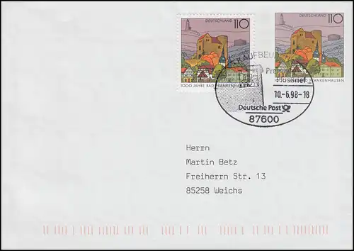 USo 1 mit passender Zusatzfrankatur 1978 auf FDC ESSt KAUFBEUREN 10.6.98