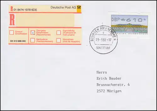 Sondertarif Büsingen: R-Brief mit 2 verschiedenen E-Scheinen, BÜSINGEN 19.3.98