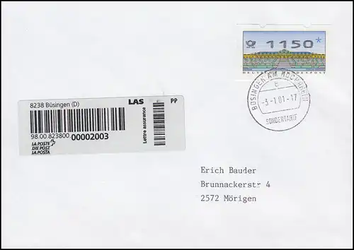 Sondertarif Büsingen ab 3.1.2001 neue Einschreiben: R-FDC ET-O BÜSINGEN 3.1.01