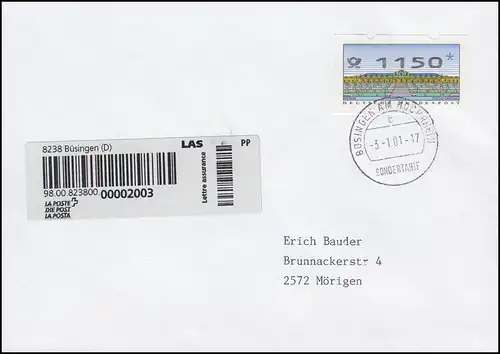 Tarif spécial Büsingen à partir du 3 janvier 2001 nouvelle lettre recommandée: R-FDC ET-O BÜSINGEN 3.1.01