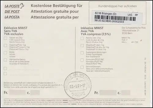 Sondertarif Büsingen ab 3.1.2001 neue Einschreiben: R-FDC ET-O BÜSINGEN 3.1.01