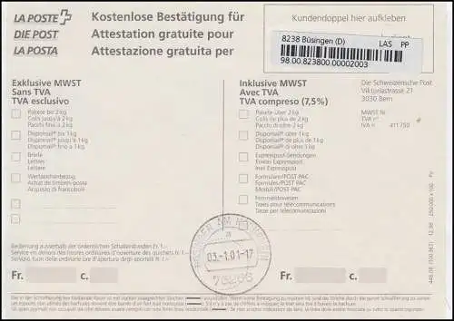 Sondertarif Büsingen ab 3.1.2001 neue Einschreiben: R-FDC ET-O BÜSINGEN 3.1.01