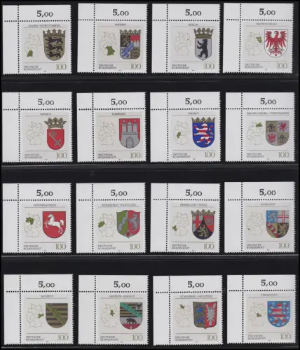 1586ff Länderwappen 1992-1994, 16 Werte, alle Ecke o.l., Satz postfrisch ** kpl.