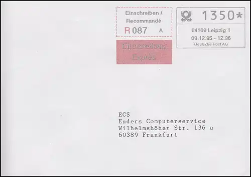 ABAS Das erste automatische Briefannahmesystem LEIPZIG als R-Eil-FDC 8.12.1995