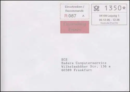 ABAS Das erste automatische Briefannahmesystem LEIPZIG als R-Eil-FDC 8.12.1995