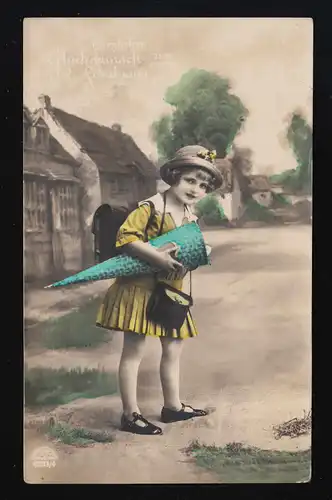 Photo AK R & K L. 6223/4 Fille robe, chapeau, sac d'école coloré, Plauen 20.4.27