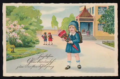 AK Kinder Nr. 0203 G Mädchen blaues Kleid und Mütze Schultüte Magdeburg 5.4.1932