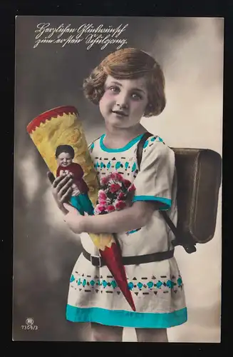 RPH Foto AK 7309/3 Blondes Mädchen, gelbe Schultüte, Seifhennersdorf, 31.3.1930