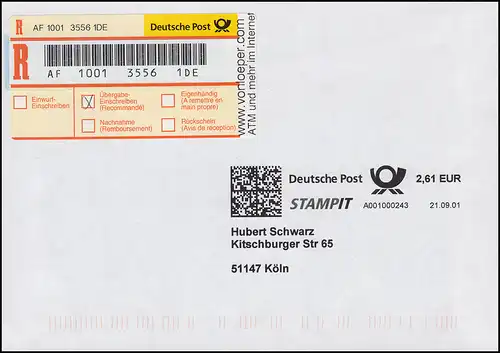 Postautomation: STAMPIT (PC-Frankatur) mit Sonder-R-Zettel, gelaufen 21.9.2001