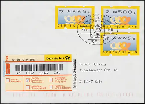 3.3. Sielaff 5er-Stufen (Fehlprogr.) R-Brief SSt Bonn 31.12.01 Sonder-R-Zettel