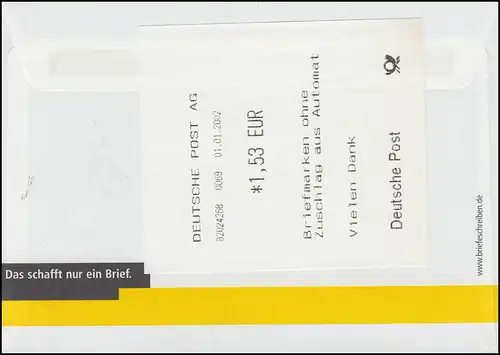 Sonder-R-Zettel Euro ATM auf WU 3 mit ATM 4.1. zu 1,53 Euro FDC ESSt 1.1.2002