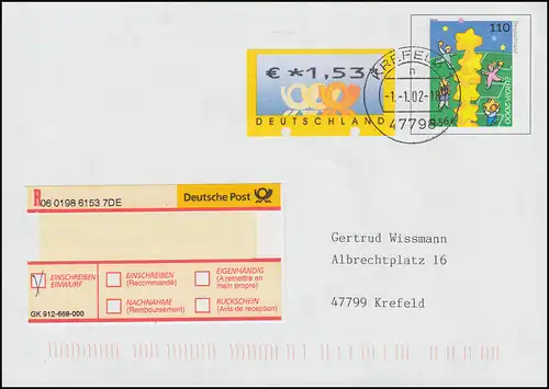 4.1 Les cornes postales 1,53 euro sur USo 19 comme cachet de première journée FDC KREFELD 1.1.02