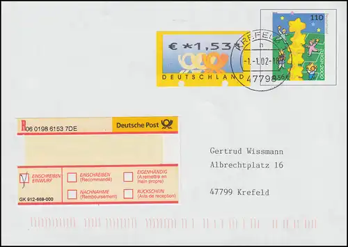 4.1 Posthörner 1,53 Euro auf USo 19 als FDC Ersttagsstempel KREFELD 1.1.02