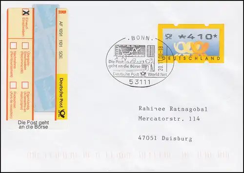 Lettre spéciale R-Zeltel Le courrier est envoyé à la Bourse, lettre avec ATM 410 SSt 2000 correspondant