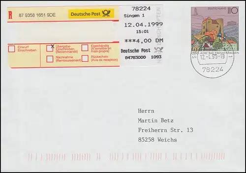 USo 5 mit EPOS-ÜE 4,00 DM als portogerechte MiF, SINGEN 12.04.1999