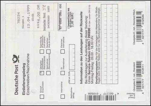 USo 5 mit EPOS-ÜE 4,00 DM als portogerechte MiF, SINGEN 12.04.1999