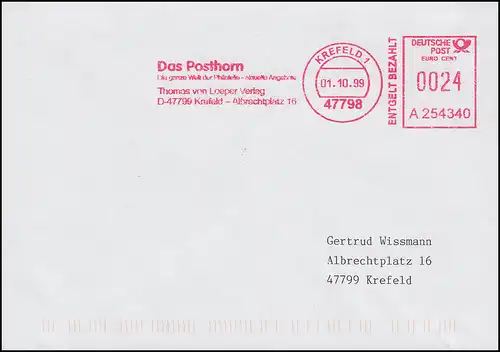 Ersttag 1.10.99 für Euro-Frankatur bei AFS: Freistempel 24 Cent FDC 1.10.99