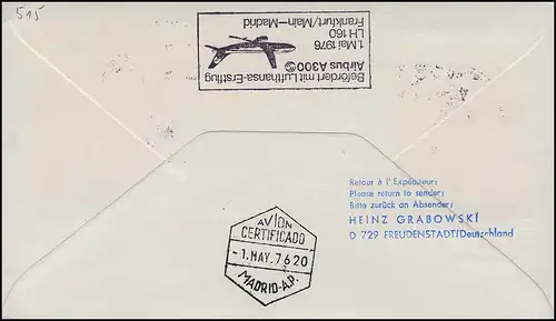 Lufthansa Premier vol R-Lettre Airbus A 300, LH 160 Frankfurt Main / Madrid 1.5.1976