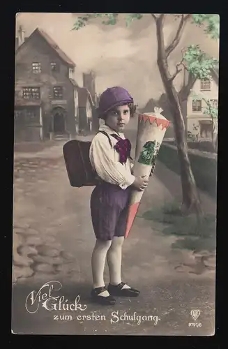 Photo AK HB 9791/6 Jeune Ranzen violet pantalon casquette Schultütte, Niederoderwitz 19.4.27