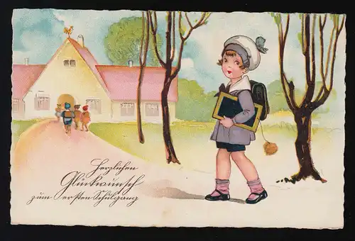 AK 879 G, Mädchen im schicken lila Mantel + Schreibtafel in Schule, beschriftet