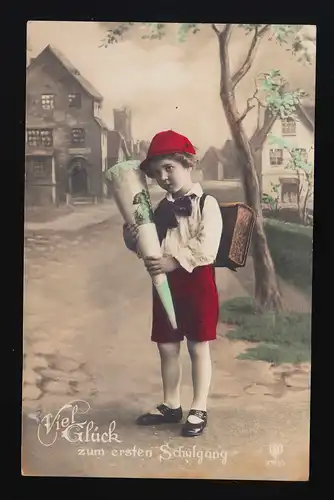 Foto AK HB 9791/5 Junge Ranzen rote Hose Mütze Schultüte, Niederoderwitz 20.4.27