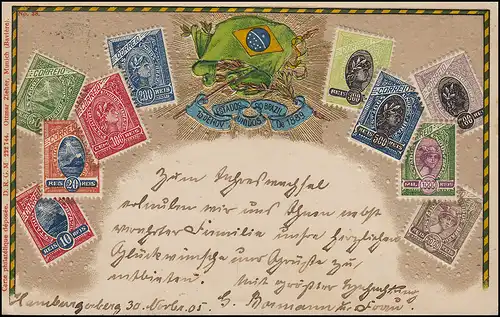 Carte gravée timbres brésiliens avec 100 riz EF ALLEGRE à HAMBURG 1.12.05