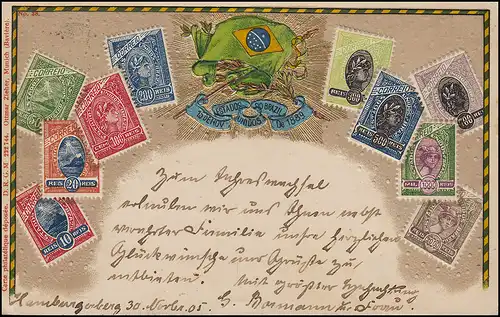 Prägekarte Brasilianische Briefmarken mit 100 Reis EF ALLEGRE an HAMBURG 1.12.05