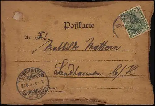 Postkarte aus Holz mit rückseitigem Bild, WIESLOCH 22.6.1901 n. SANDHAUSEN 23.6.