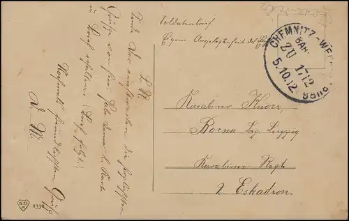 Lettre de soldats par voie ferroviaire CHEMNITZ-WECHSELBURG ZUG 1217 - 5.10.1912 à Borna
