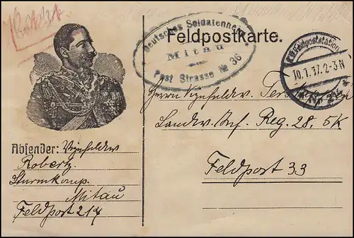 Carte postale de champ Wilhelm Poste de terrain 214 - 10.1.17 BS Soldatheim Mitau